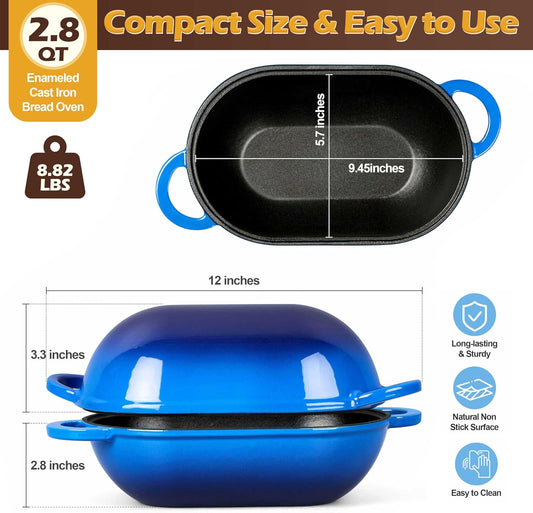 Homikit Enameled Cast Iron Dutch Oven for Bread Baking, 2.8 QT Oval Bread Oven Pot with Lid, Sourdough Loaf Iron Dutch Oven Pan for Roasting Cooking, Blue & Heavy Duty