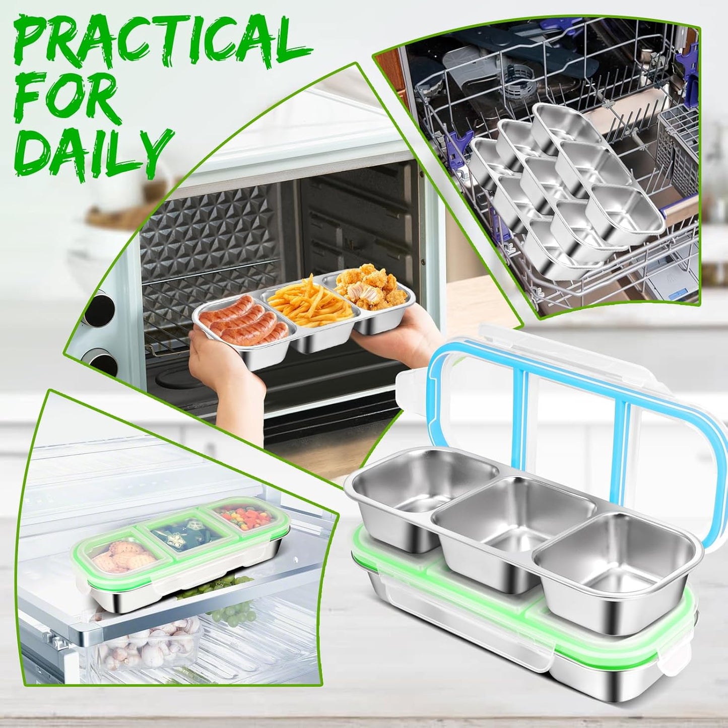 2 Pack Stainless Steel Snack Containers with Lids - Reusable 3 Compartment Snackle Box Container Divide Wet Dry Leakproof Metal Food Storage Containers for School, Home, Travel (Blue + Green)