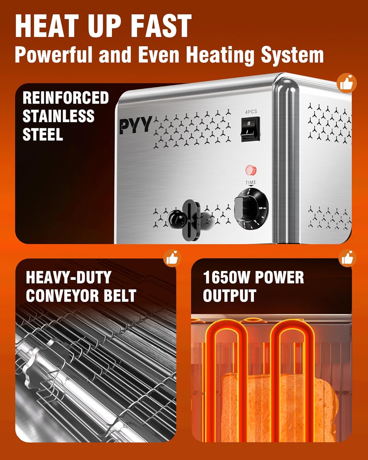 PYY Commercial Toaster 4 Slices - with 2/4 Slice Option, 120Pcs/H, 6-Level Setting Toaster with Removable Crumb Tray, 1.1 inch Wide Slot for Bagel, Bread, 1200W Stainless Steel for Restaurant, Home