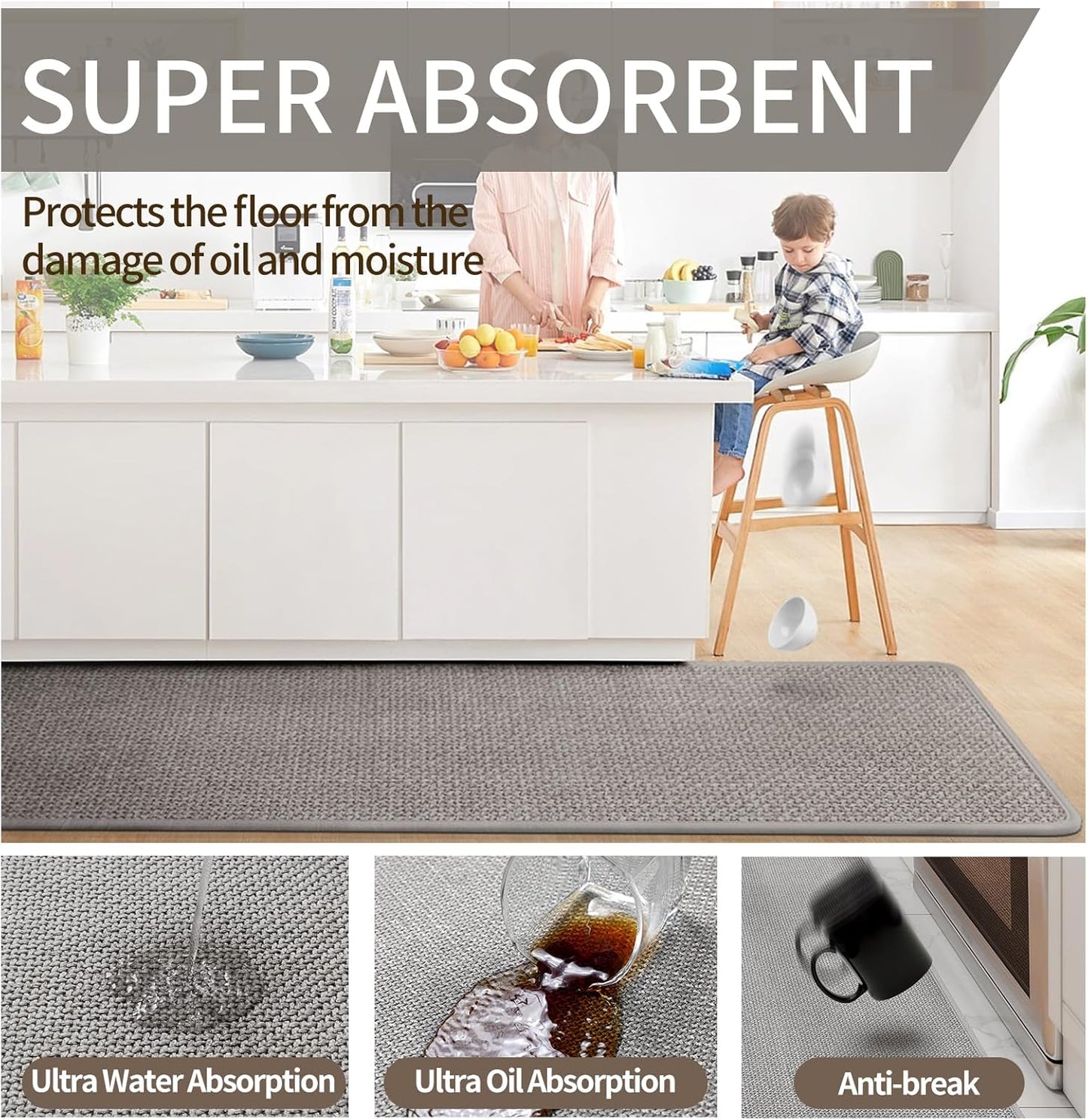 Kitchen Rugs and Mats Non Skid Washable Set of 2 PCS, Absorbent Runner Rugs for Kitchen, Front of Sink, Kitchen Mats for Floor, Grey 17x30+17x59