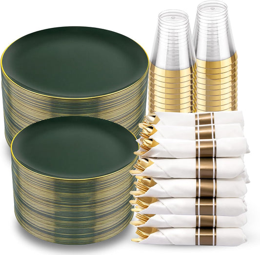 KIRE 350PCS Green Plates Disposable - Heavy Duty Christmas Plates - 50Guest Include Green Plastic Dinnerware - Pro Rolled Napkins with Gold Silverware and Cups for Christmas&Party