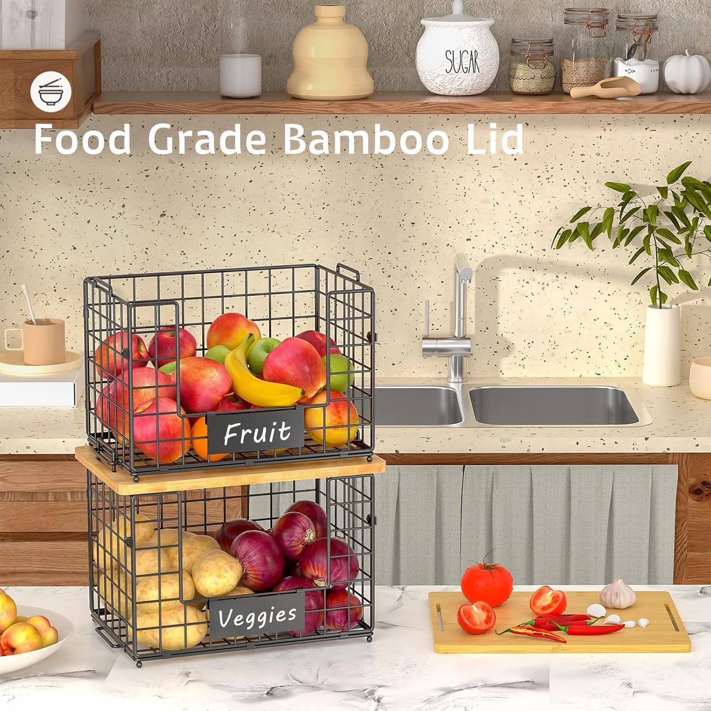 keomaisyto 2 Set XL Stackable Wire Baskets with Bamboo Top- Pantry Organizers and Storage, Kitchen Organization Counter Storage Bins for Potato/Onion/Fruit/Vegetable/Produce, Under Sink Organizing