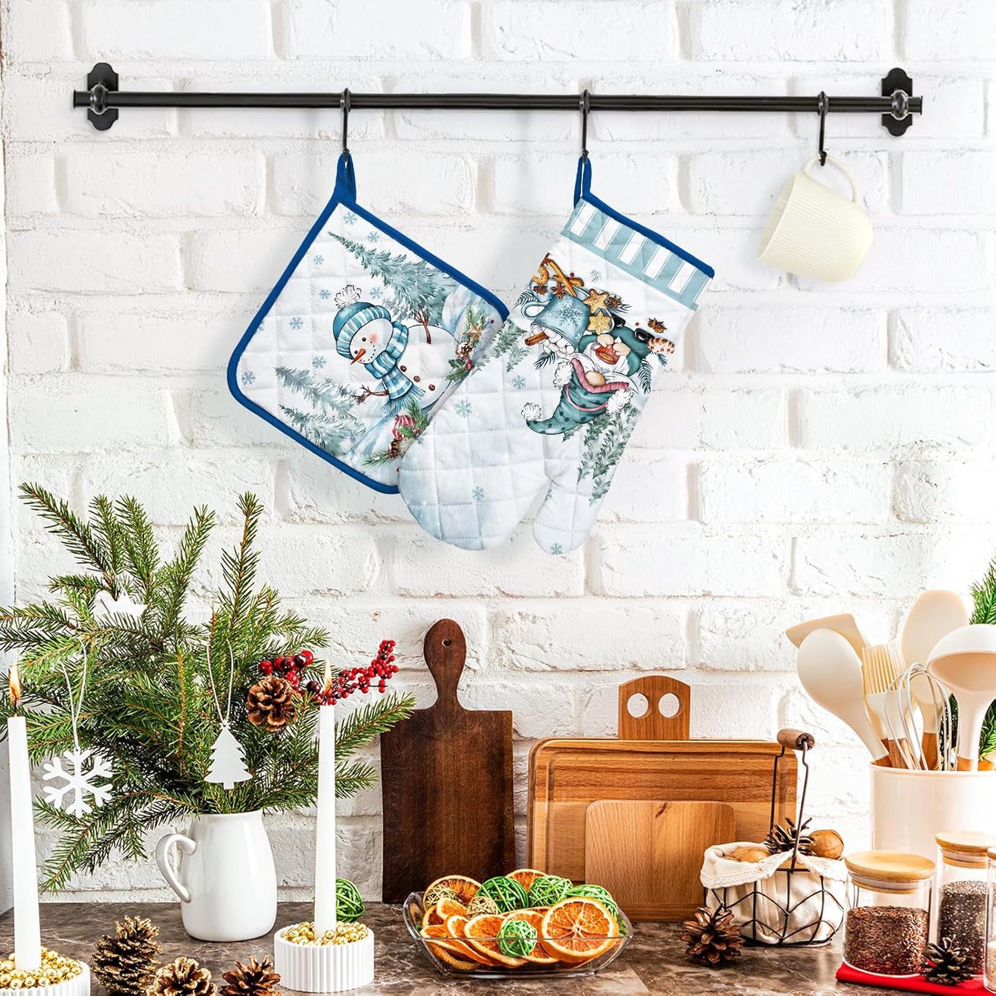 Winter Gnome Oven Mitts and Pot Holders Sets 2Pcs, 100% Cotton Heat Resistant, Extra Long Oven Gloves Potholder for Kitchen Cooking Baking Decoration