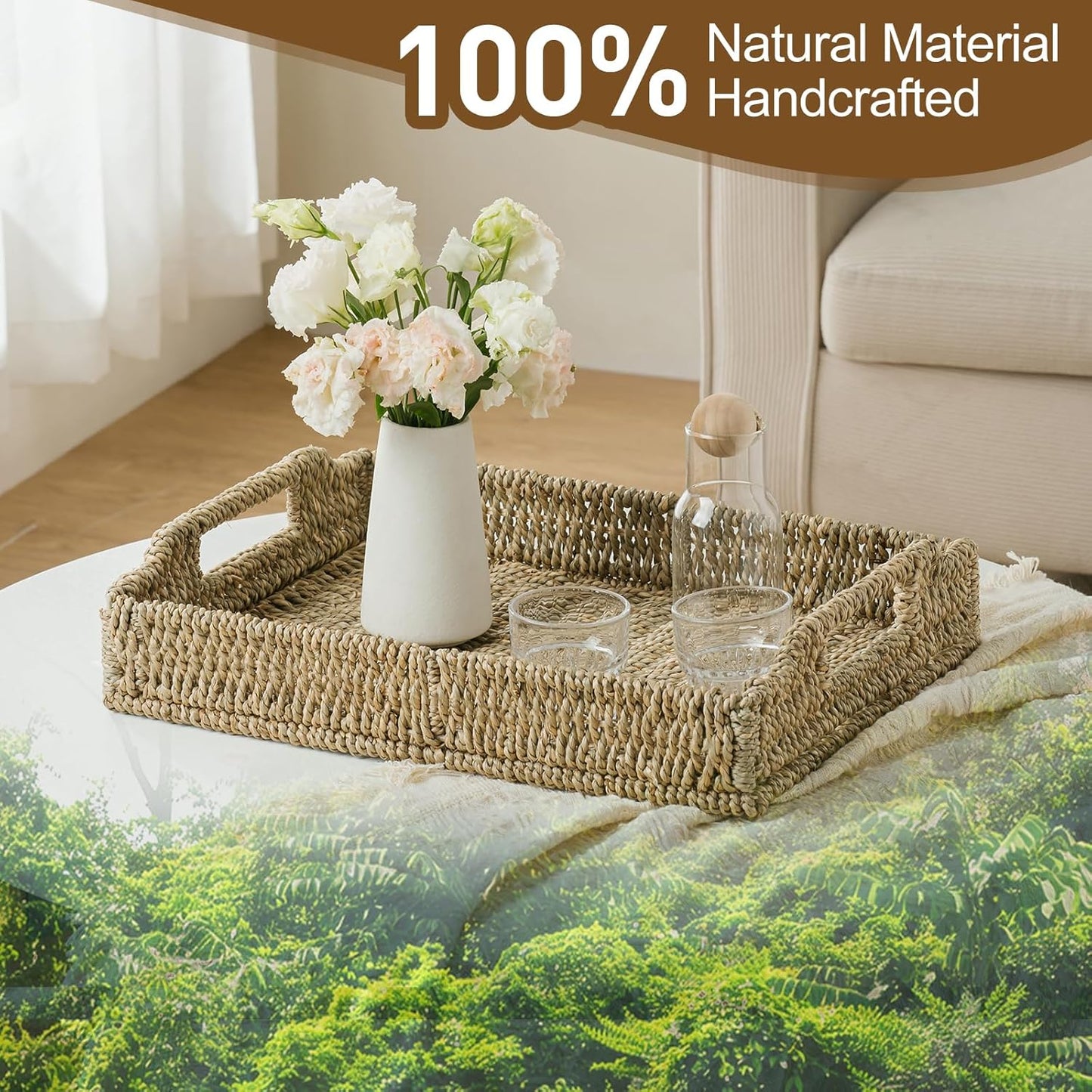 Wicker Scalloped Serving Tray with Handles - Seagrass Handwoven Trays,Water Hyacinth Tray for Home Decor and Living Room, Dining Table, Bathroom Organizing, 16.9" L x 12.9" W x 1.96" H