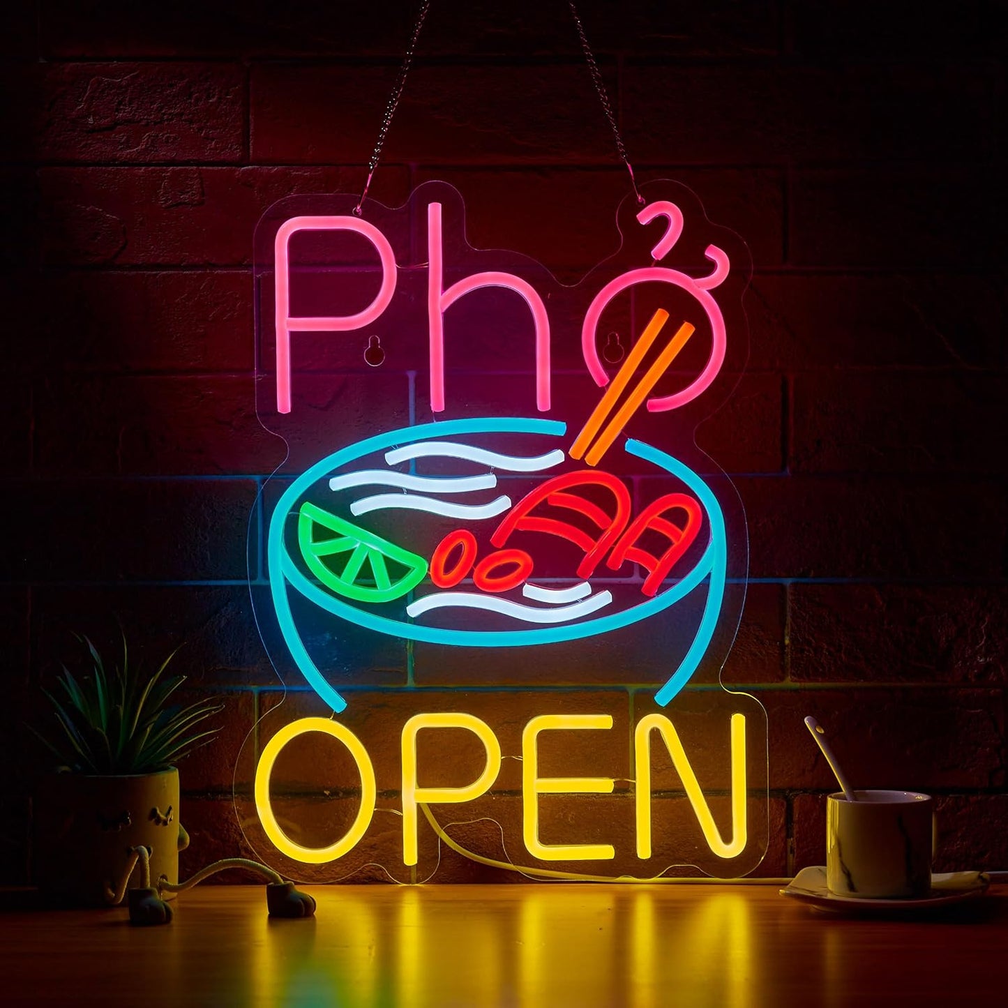 Vietnamese Pho Open Neon Sign Dimmable USB Powered LED Ramen Bowl Open Signs for Restaurant Business Food Truck Kitchen Wall Decor Light