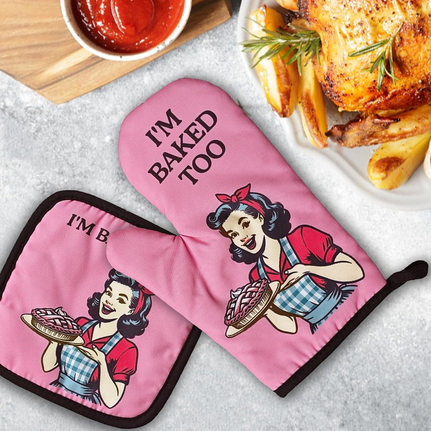 Retro Housewife Oven Mitts and Pot Holders（Set of 2） I'm Baked Too Heat Resistant Baking Mitts Silicone Non-Slip Oven Mitts Kitchen Chef Gift Funny Birthday Gift for Women Hostess Mom Friend