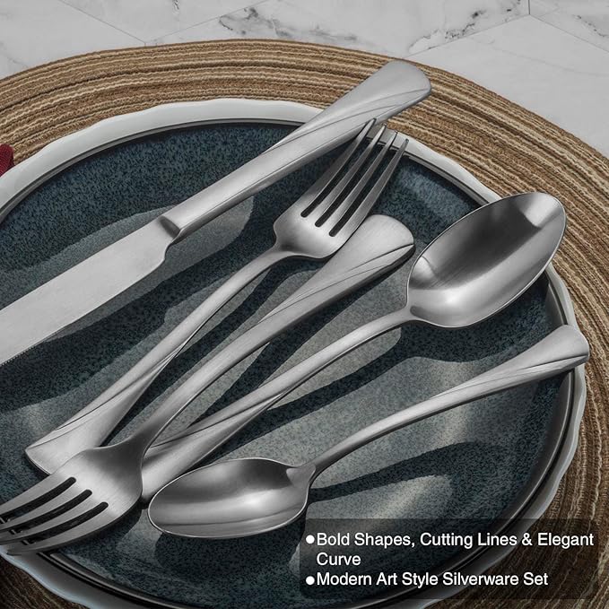 Alata Alice 40-Piece Silverware Set Stainless Steel Flatware Set,Service for 8,Matte Satin Polished Cutlery Set,Dishwasher Safe