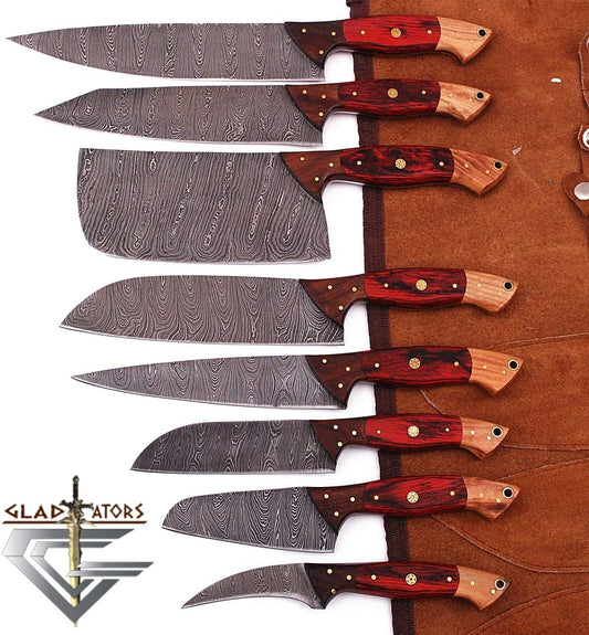 G29RD- Professional Kitchen Knives Custom Made Damascus Steel 8 pcs of Utility Chef Knife Set with Chopper/Cleaver Pocket Case Roll Bag (Red)