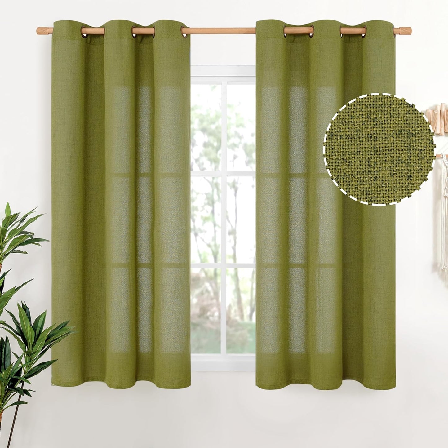 YoungsTex Olive Green Linen Curtains 45 Inches Length Textured Short Window Drapes Light Filtering with Bronze Grommet for Kitchen Bedroom Cafe Decorative, 42 x 45 Inch, 2 Panels