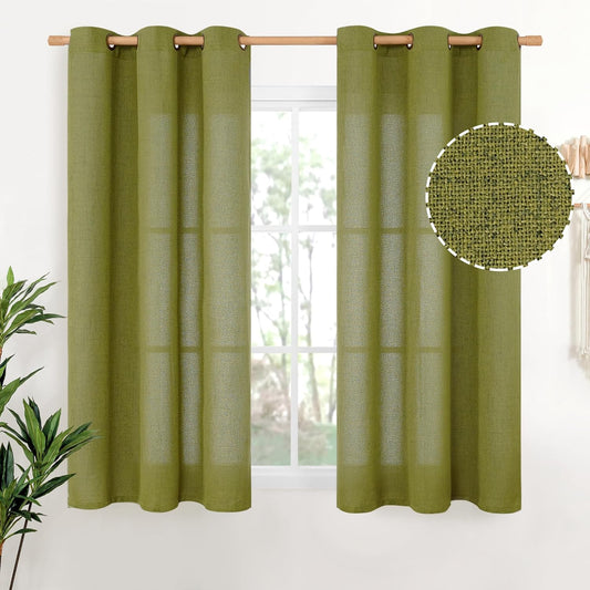 YoungsTex Olive Green Curtains 40 Inches Length for Short Window - Linen Textured Drapes Privacy Light Filtering with Bronze Grommet for Kitchen/Cafe/Country Decorative Privacy, 42 x 40 Inch, 2 Panels