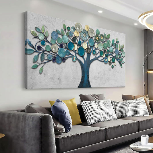 CHATYOUNG Large Canvas Wall Art - Wall Pictures Artwork for Living Room Tree of Life Blue Gold Leaves Gray Background Paintings Bedroom Dining Room Office Kitchen Home Decor 58"x29"