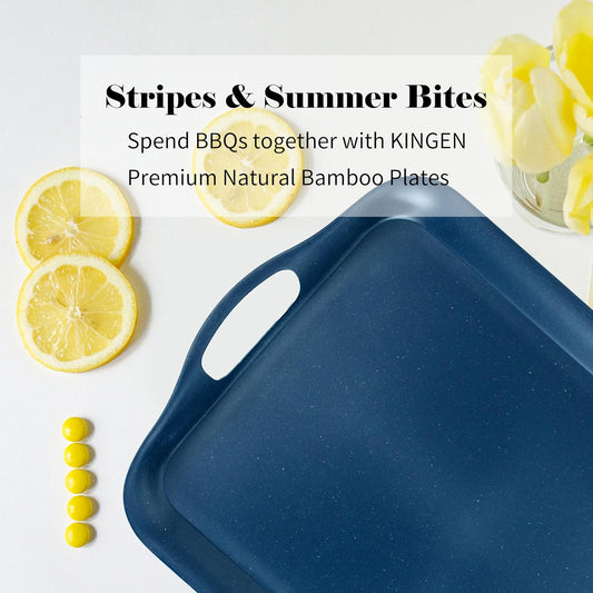 KINGEN 2-Pack Navy Blue Bamboo Fiber Serving Trays - 18×13-inch Extra Large w/Handles Tray, Platters for 4th of July, Christmas, BBQ, Picnic, Outdoor Dining - Durable, Lightweight (Classic Blue)