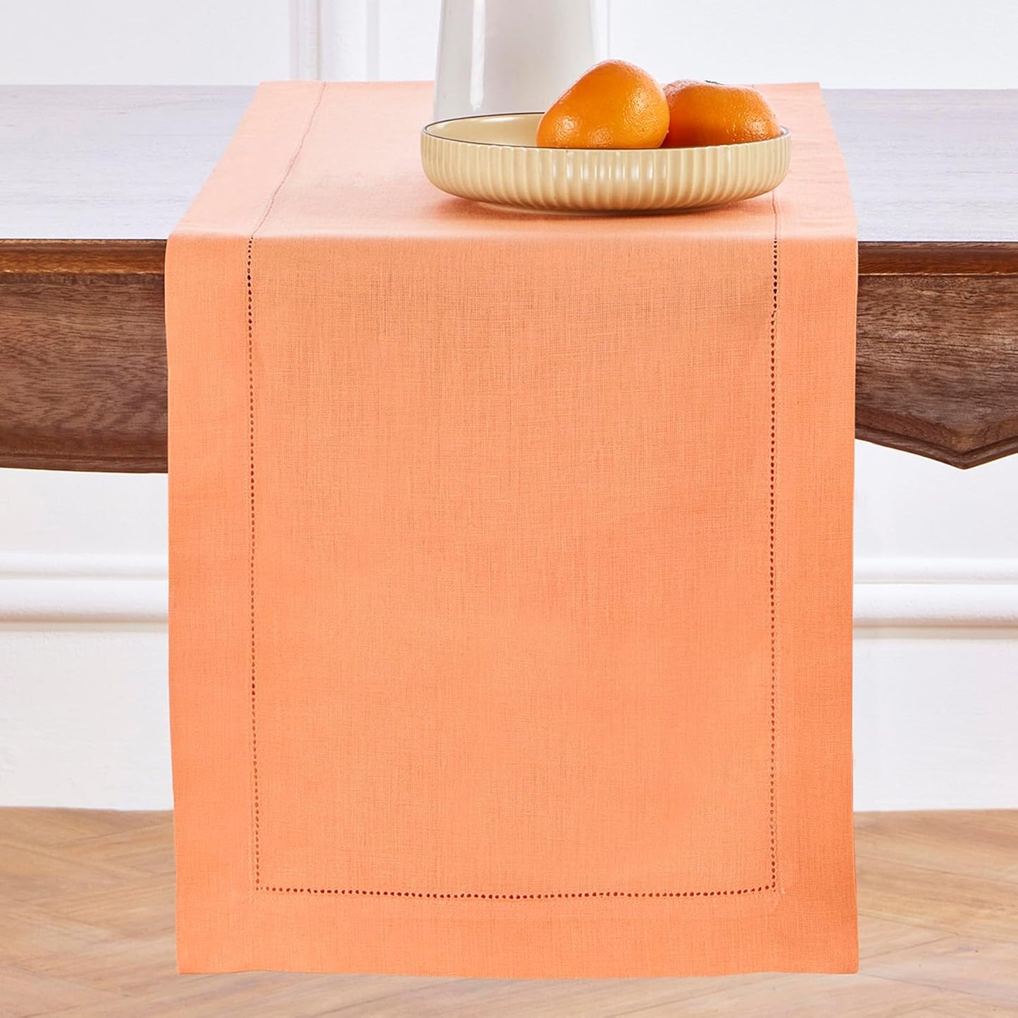 Solino Home Linen Coral Hemstitch Table Runner 60 Inches - 100% Pure Linen Small Table Runner 14 x 60 Inch Ideal for Dresser and Coffee Tables - Classic Hemstitch