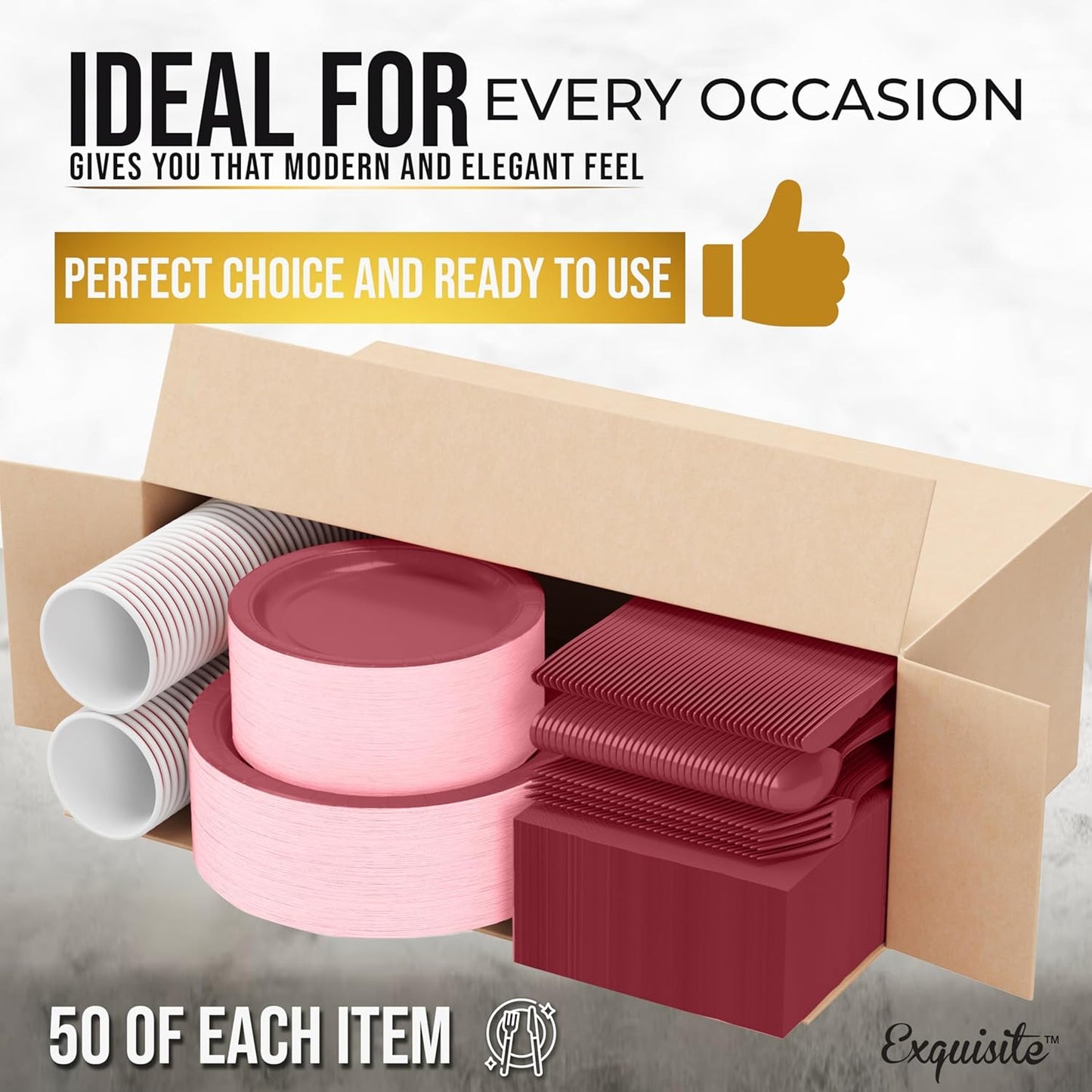 Exquisite 350 Pcs Burgundy Paper Plates For Party, Burgundy Disposable Plates Set, 50 Of Each 9" Dinner Plate Set, 7" Dessert Plate, Cups, Napkins & Cutlery Paper Dinnerware