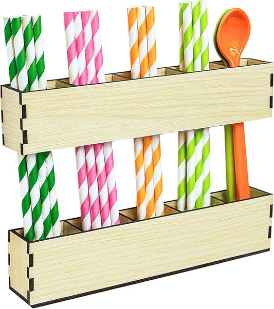 Wooden Straw Holder for Cabinet Door or Countertop Rustic Organizer & Dispenser for Reusable Tumbler Straws, Space-Saving Kitchen Accessories Container, Cupboard Storage (Wooden)