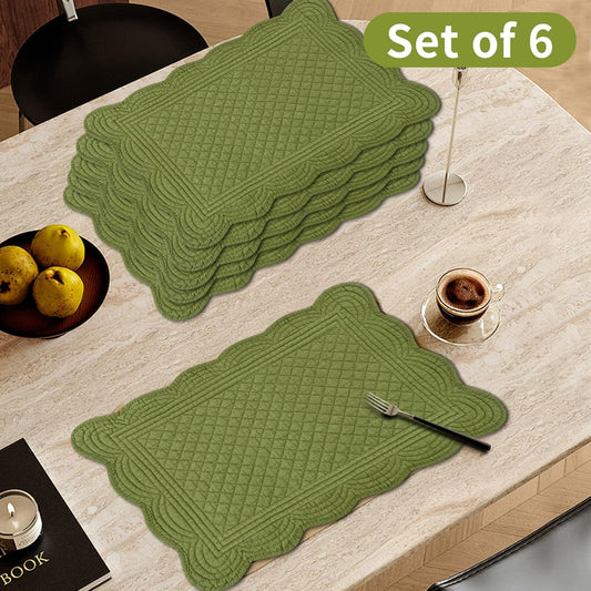 6 PC Quilted Placemats, 18"X13"Extra Large Cotton Placemats Set of 6, 100% Cotton Fabric Washable Cloth Table Mats for Kitchen & Dining Table - Soft &Easy Clean(Olive Green, Rectangular)