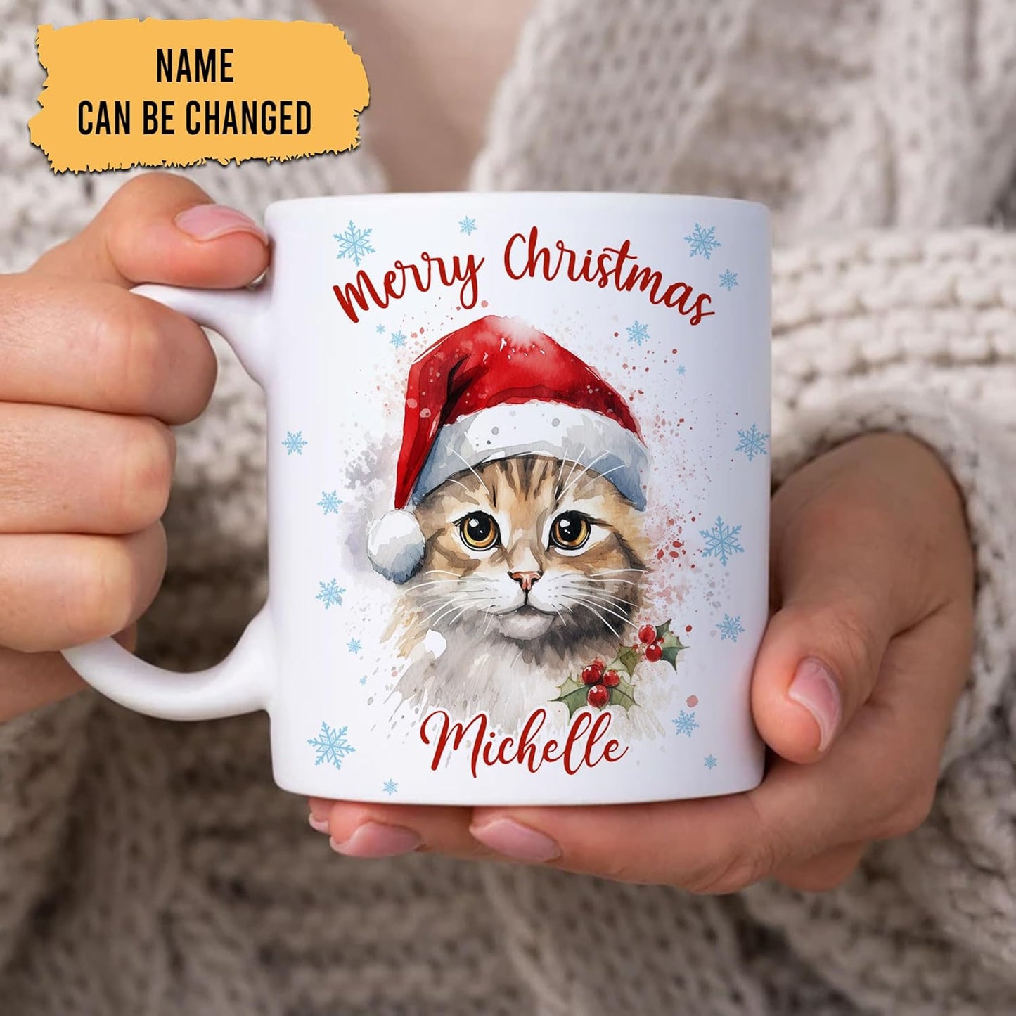 Hyturtle Personalized Gifts Cat Lover - Cat Wearing Santa Hat Custom Name Ceramic Coffee Mug Cup 11oz - Cute Animal Lovers Gifts For Women, Girl kids Family On Birthday, Christmas