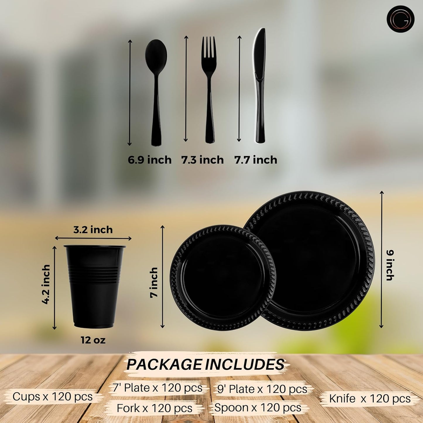 720-Piece Black Disposable Dinnerware Set - 120 Guest Plastic Dinnerware Set - 9" Dinner Plates, 7" Dessert Plates, 12oz Cups, Forks, Knives & Spoons
