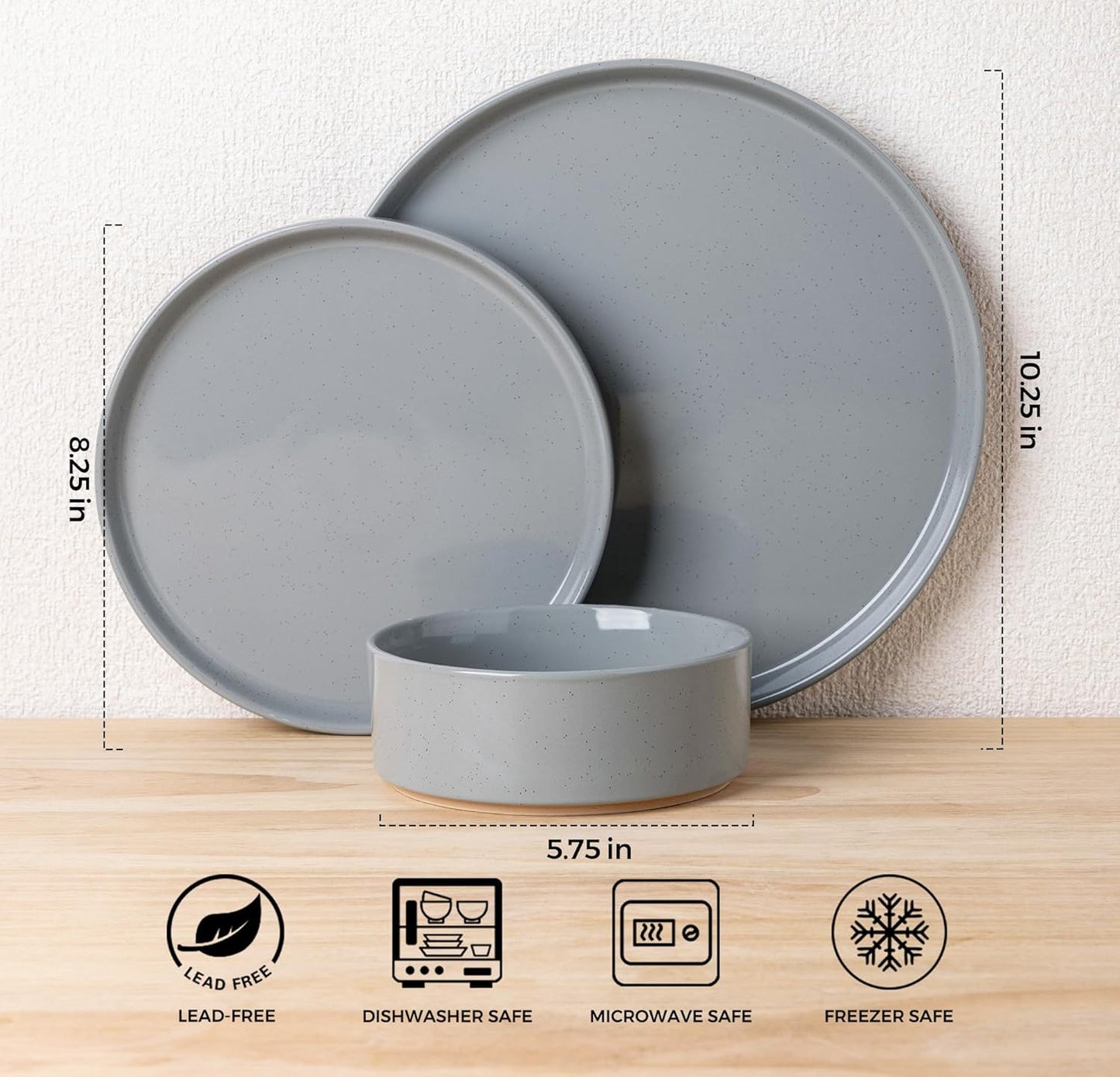 AmorArc Ceramic Dinnerware Set for 6 | Speckled Stoneware Plates and Bowls with Rustic Terracotta Underside| Scratch Resistant,Dishwasher & Microwave Safe Dishes Sets- 18pcs Gray