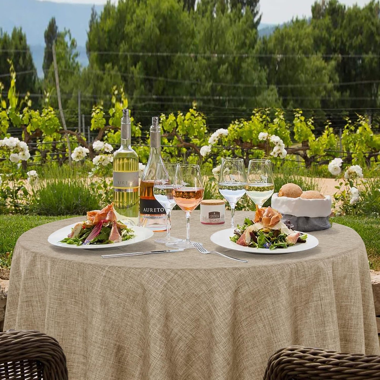 Fitable Faux Linen Round Tablecloths 60 Inch in Diameter - 2 Pack Faux Burlap Table Clothes for Kitchen, Dining Room, Party, Farmhouse, Outdoor (Great for 20"-48" Round Tables, Khaki)