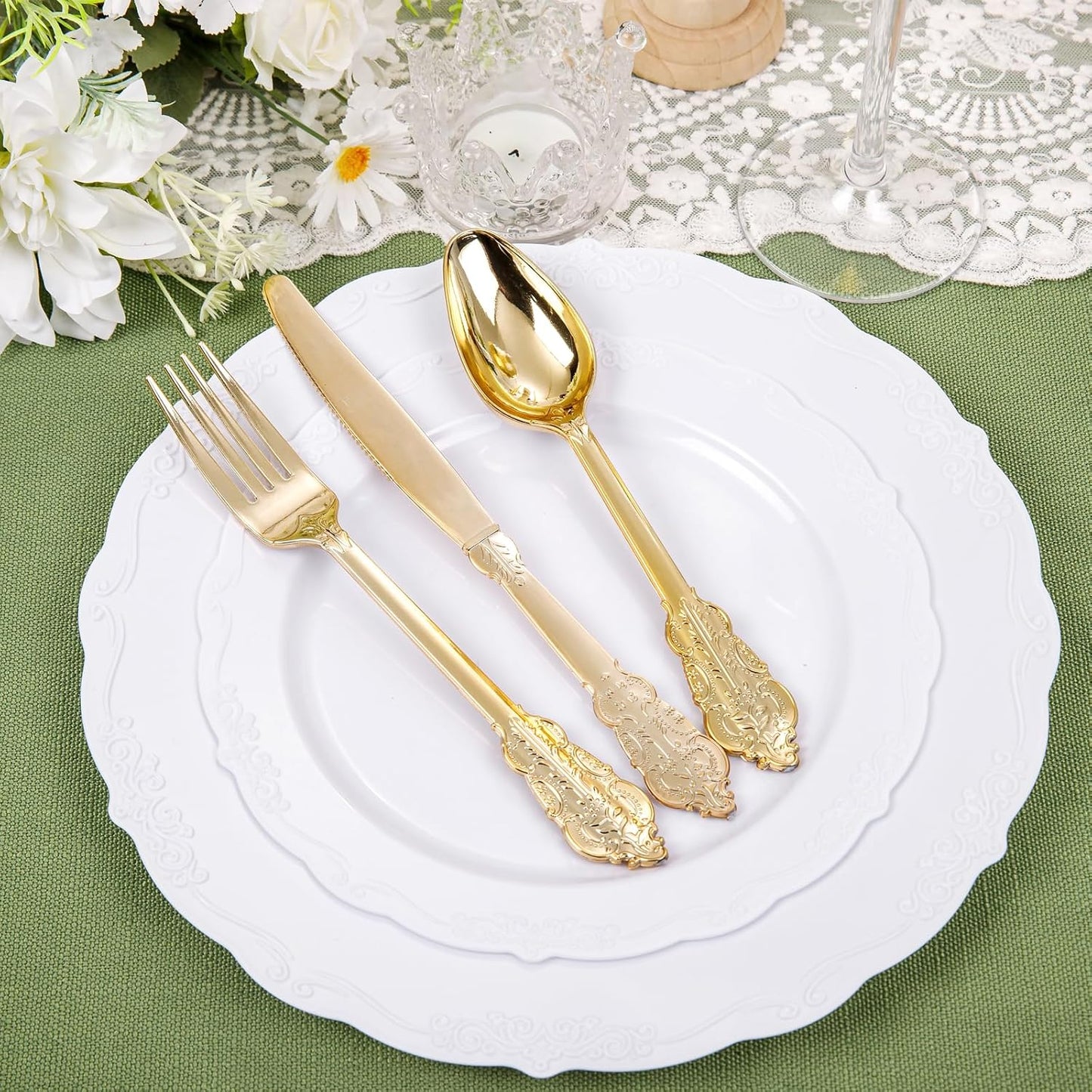 DaYammi 150Pcs White Plastic Plates & Gold Plastic Silverware, White Disposable Plates for Party Include 30 Dinner Platos,30 Dessert Platos,30 Golden Knives,30 Gold Forks,30 Spoons for Wedding Party