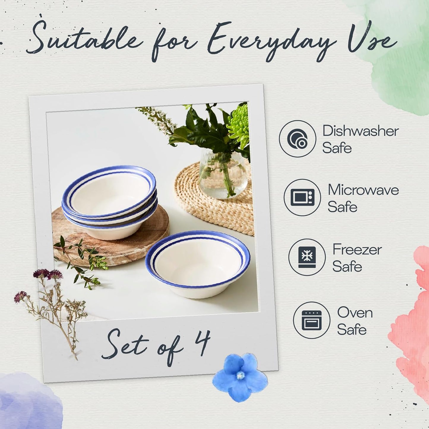 Portmeirion Potter's Stripe Oatmeal Bowl (Set of 4) - Ideal for Porridge, Soup, Desserts - Microwave & Dishwasher Safe Earthenware Bowls, Durable Dishware Collection - Made in UK (Blue Stripe)