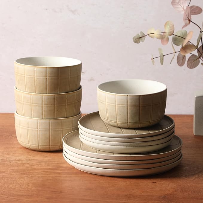 Gisbon Elite Butterwick 12 Piece Plates and Bowls Stoneware Dinnerware Set - Brown Blush Pink Reactive Glaze Patterned Dishes - Microwave and Dishwasher Safe