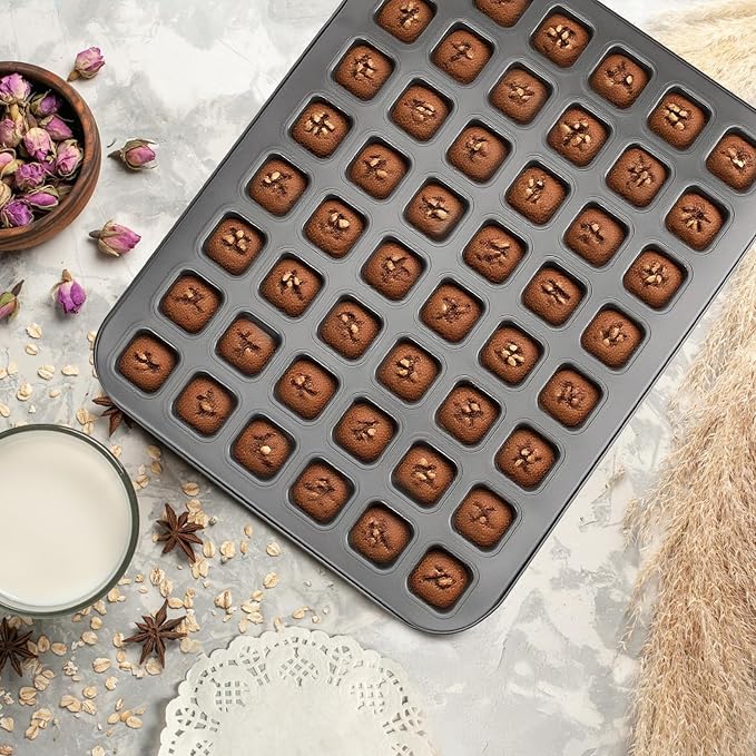 Beasea Mini Brownie Bite Pan with Dividers, 1 Pack 48 Mini Small Tiny Cup All Edges Non Stick Square Cupcake Baking Sheet Tin Tray Carbon Steel Bakeware Individual Cutter Baking Pan - Black