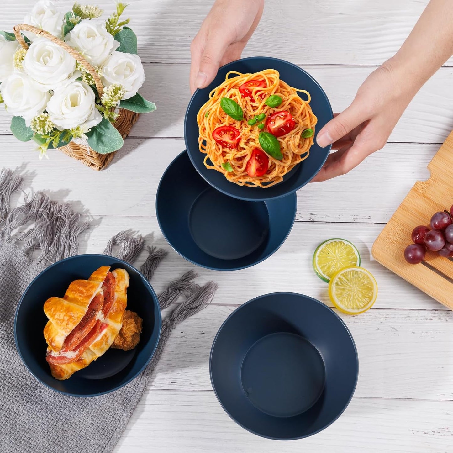 Supernal 12PCS Blue Wheat Straw Bowls - Durable Reusable Soup & Cereal Bowls, Hard Plastic Dinnerware with Smooth Edges,Disposable Plastic Bowls for Catering,Hot Food,Salad (Lightweight & Unbreakable)