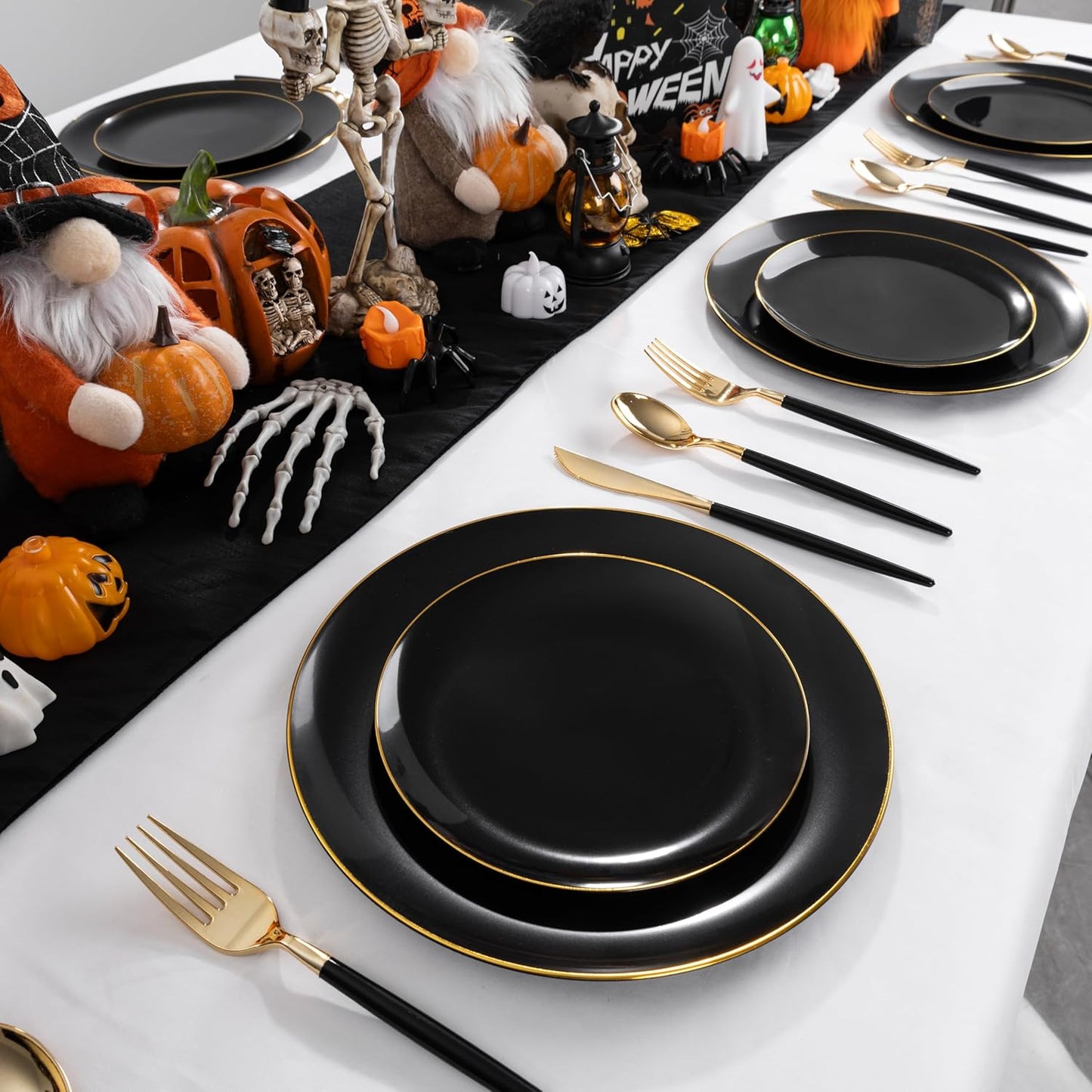 DaYammi 150Pcs Black Plastic Plates with Gold Silverware,Black Disposable Plates Set Included 30 Dinner Plate,30 Dessert plate,30 Knives,30 Forks,30 Spoons,black and gold plates for Halloween Party