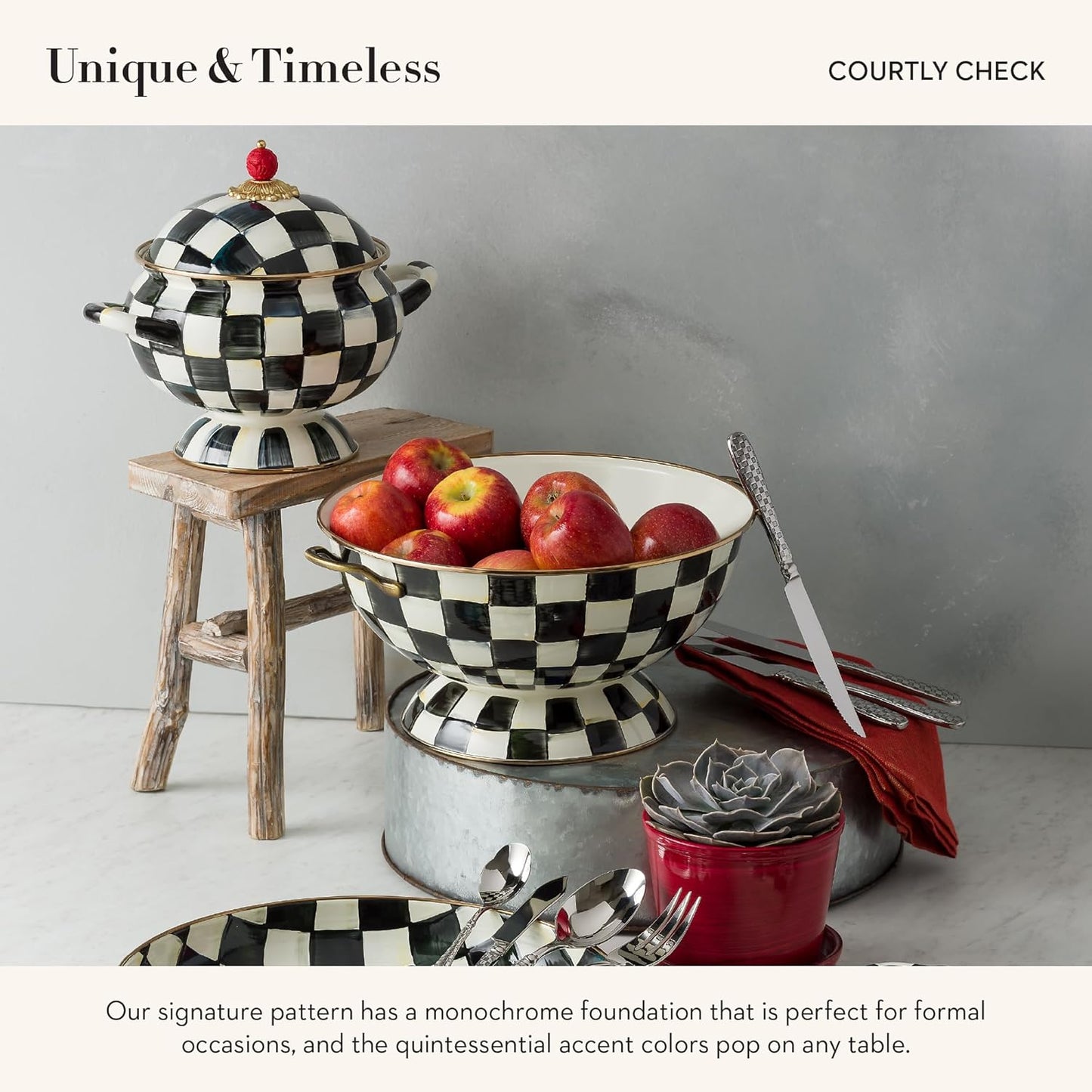 MACKENZIE-CHILDS Enamel Bowl, Serving Bowl for Entertaining, Everything Bowl, Black-and-White Courtly Check