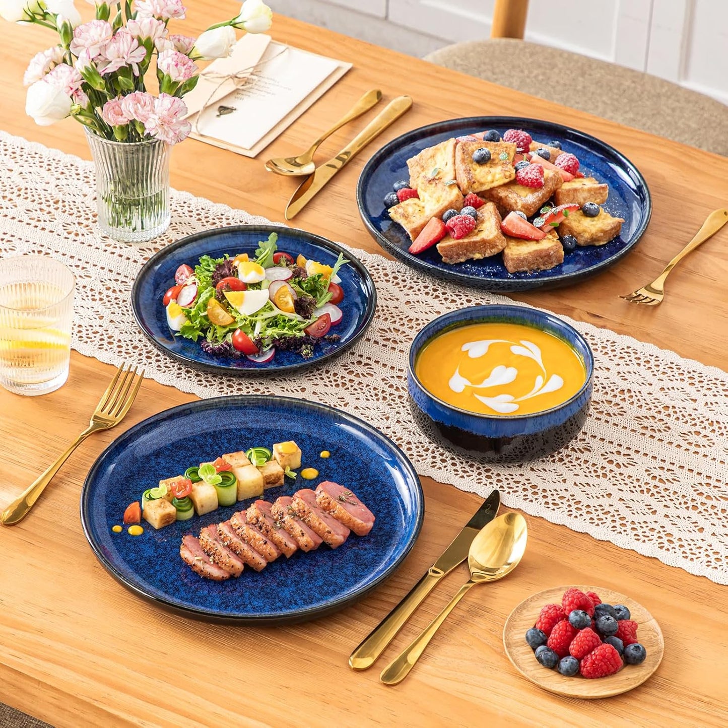 vancasso Starry 12 Pieces Dinnerware Sets for 4, Blue Reactive Glaze Dishes Sets, Ceramic Plates and Bowls Set, Dinner Salad Dessert Plates, and Cereal Bowls Set, Dishwasher and Microwave Safe