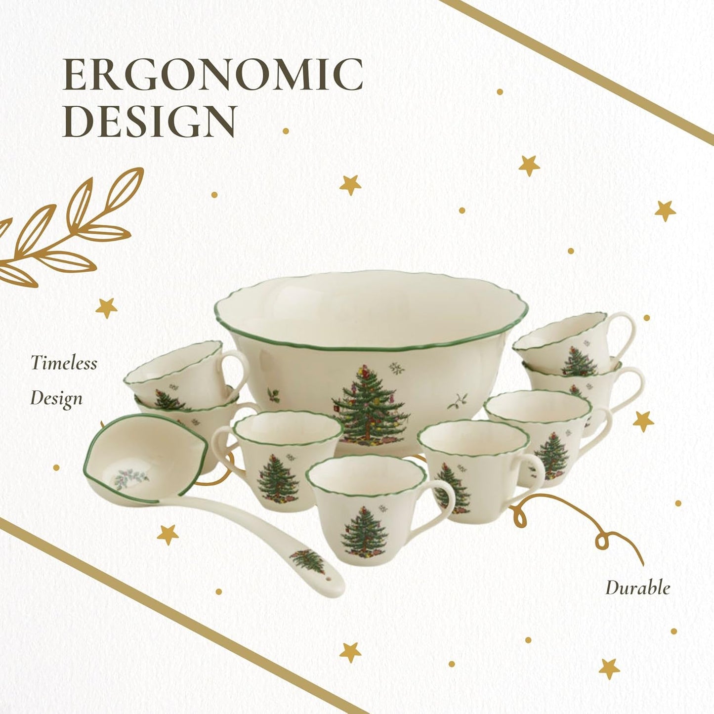 Spode Christmas Tree Punch Cups - Set of 2 Holiday Mugs for Espresso, Tea, Coffee - 8 Oz Porcelain Cups with Scalloped Rim, Christmas Design - Microwave & Dishwasher Safe