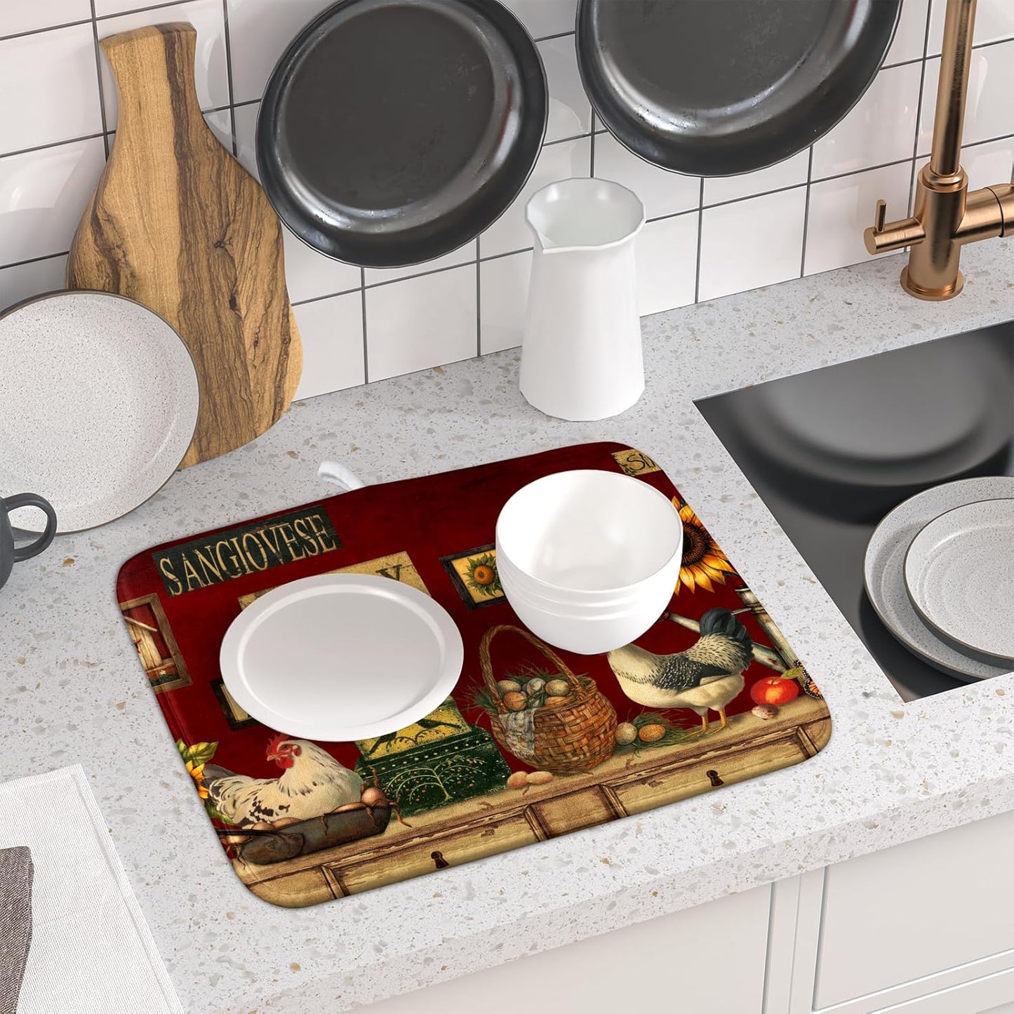 Vintage Rooster Dish Drying Mats 16x18 Inch,Farmhouse Country Hen Chicken Sunflower Microfiber Absorbent Quick-Dry Drainer Rack Sink Protector Pad for Kitchen Counter Decor