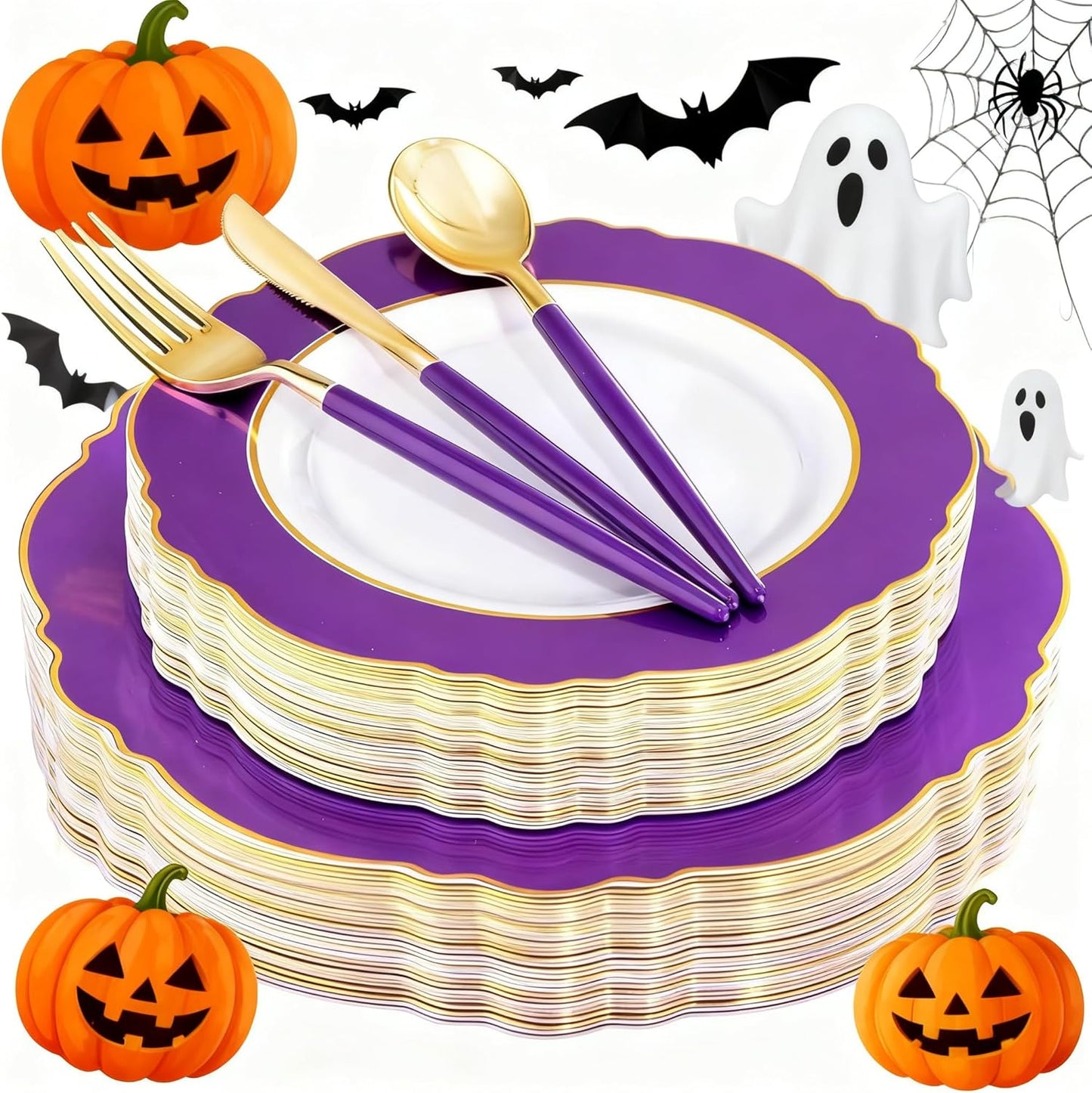 WDF 30Guest Purple Plastic Plates with Gold Rim & Disposable Gold Plastic Silverware With Purple Handle - Baroque Party Plates Mardi Gras Plate for Birthday Parties/Halloween