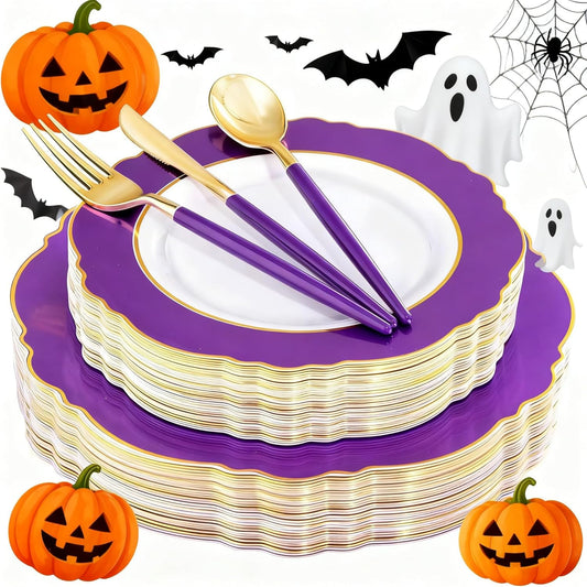 WDF 30Guest Purple Plastic Plates with Gold Rim & Disposable Gold Plastic Silverware With Purple Handle - Baroque Party Plates Mardi Gras Plate for Birthday Parties/Halloween