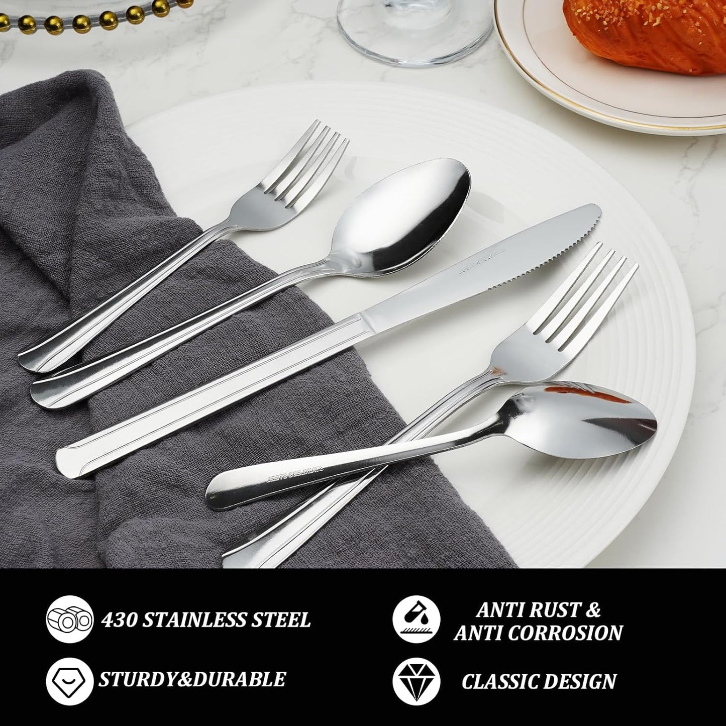 Silverware Set for 8 - Dominion 40PCS 18/0 Stainless Steel Flatware Utensils Cutlery Set Includ Steak Knife Fork Spoon for Home, Restaurant, Wedding, Party, Dishwasher Safe & Mirror Polished