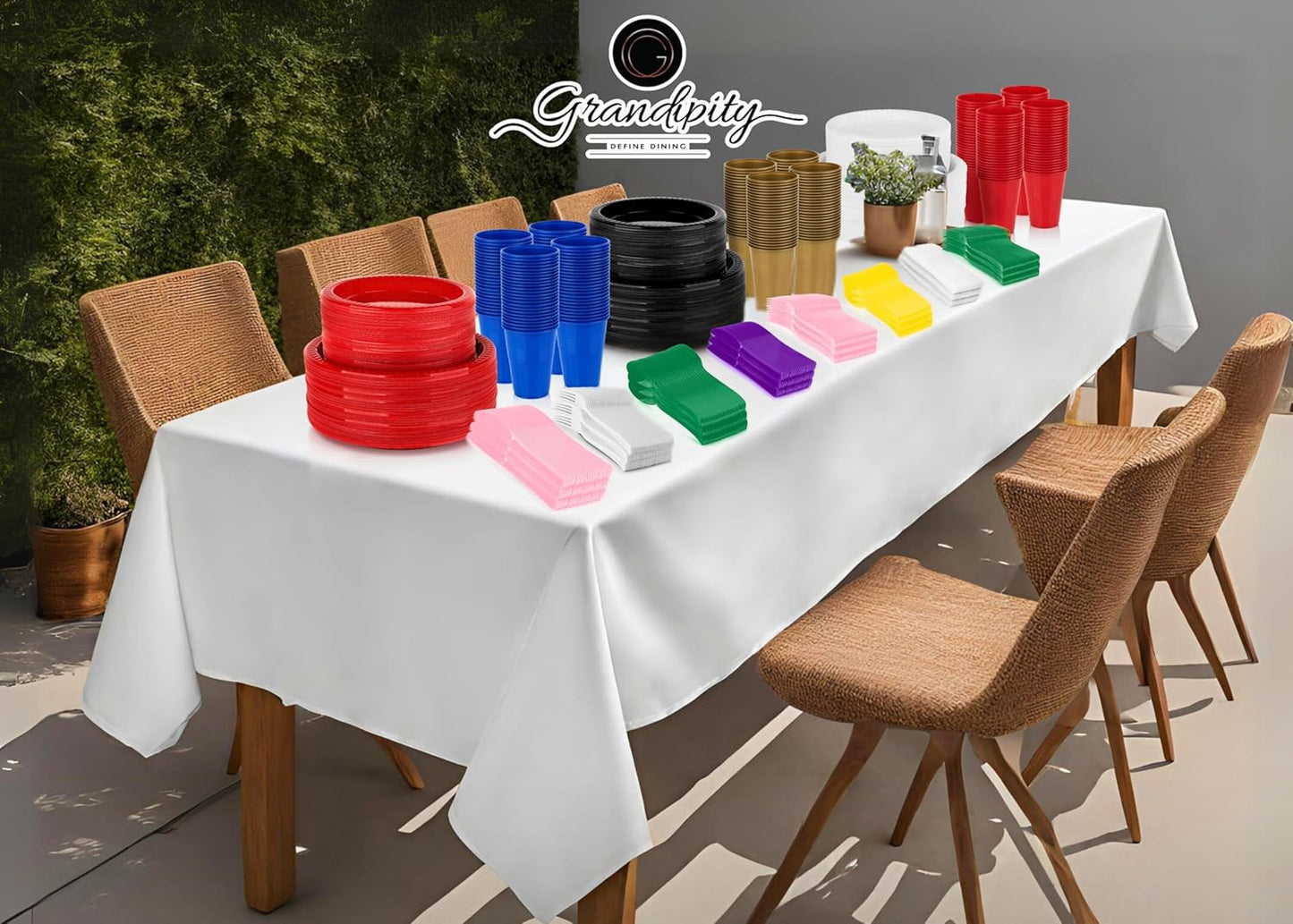 Grandipity 720 Piece Yellow Disposable Dinnerware Set, Plastic Dinnerware Set Includes 120 Count 9' Dinner Plates, 7' Dessert Plates, 12oz Cups, Forks, Knives & Spoons