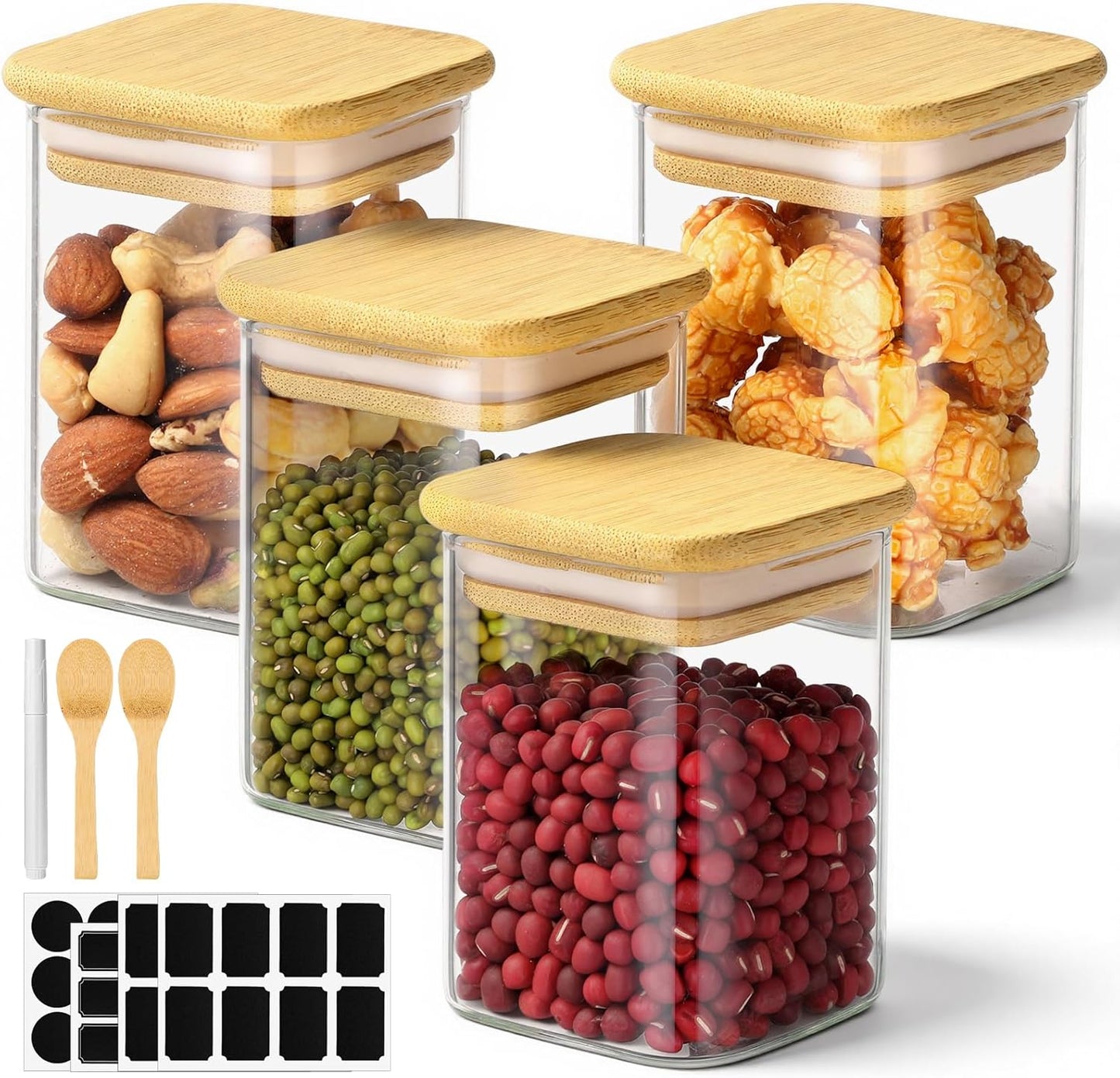 Square Glass Jars with Lid, 4 Pack 6 Fl.oz Glass Spice Jars with Bamboo Lids, Wide Mouth Food Storage Canister Pantry Containers for Sugar Coffee Tea Candy - Included Labels, Spoon and Marker