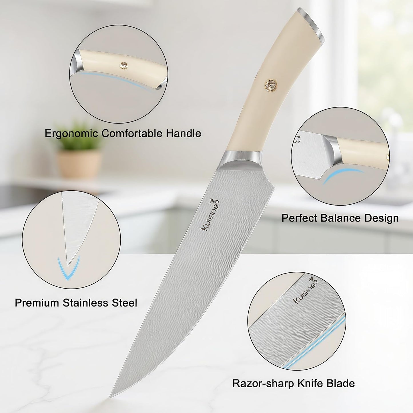 KUISINE Knife Set High Carbon Stainless Steel Super Sharp Blade Ergonomic Rivet Handle,Knife Block Set with Built-in Sharpener Upgraded(Ivory Acacia Pro 15PCS)