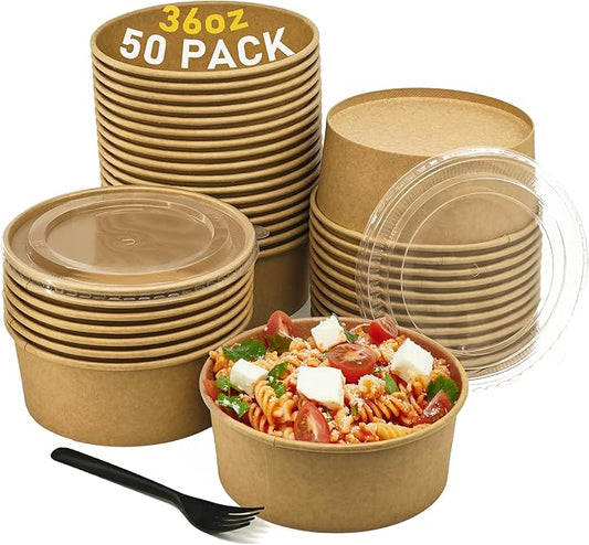 50Pack Disposable Kraft Paper Bowls 【with Lids & Forks】 36oz (1100ml) Round Food Containers Heavy Duty Serving Bowls for Hot/Cold Food Salads Take Out Containers for Household & Restaurant & Party