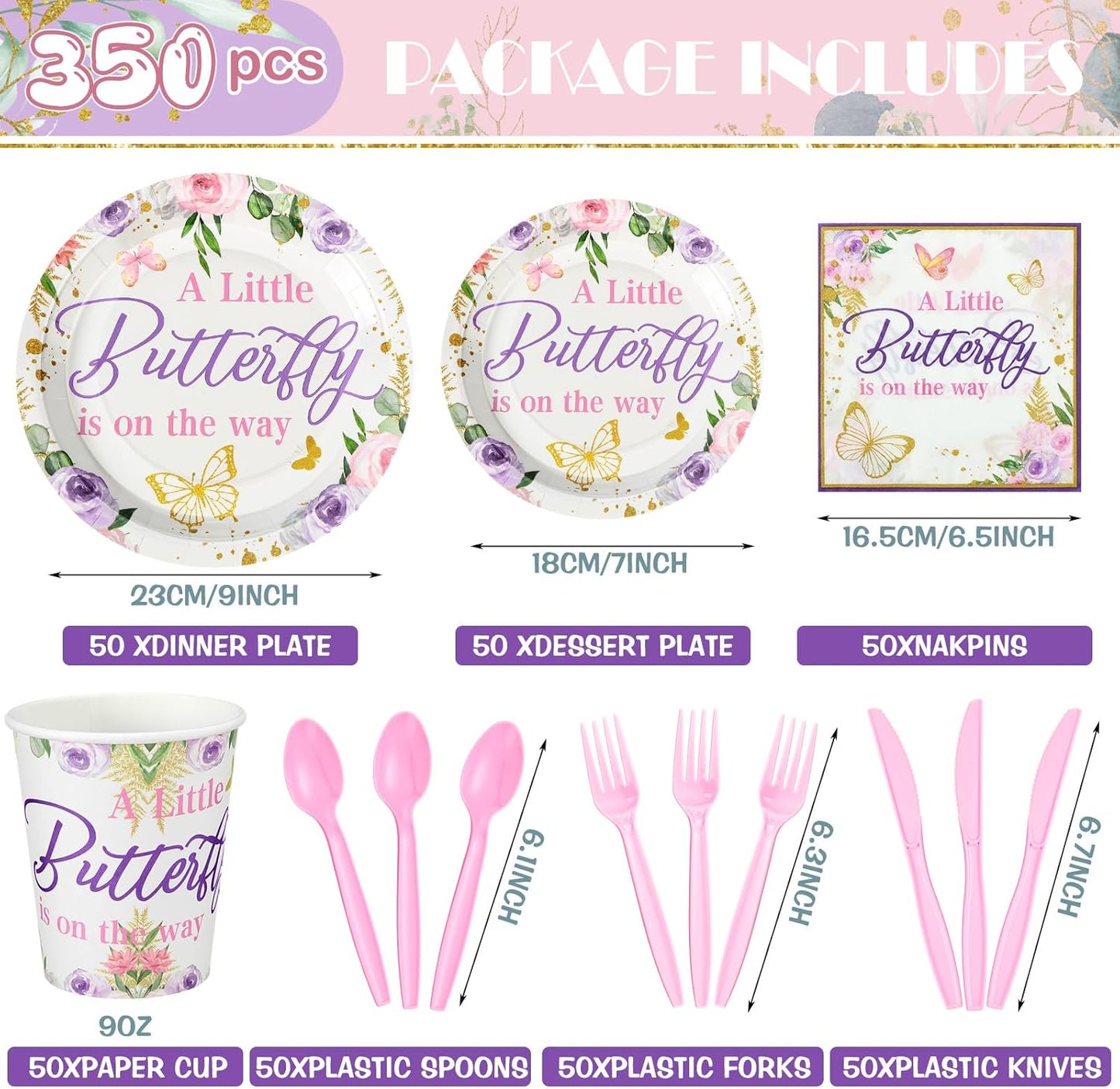 Dandat 350 Pcs Baby Shower Plates Set Baby Shower Party Supplies Serves 50 Tableware Sets Include Plates Napkin Cup Forks Knives Spoons Disposable Dinnerware(Butterfly,Purple)