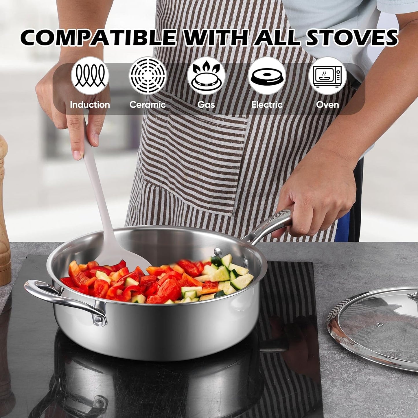 E-far 10 Inch Tri-Ply Stainless Steel Saute Pan, 4.5 Quart Deep Frying Pan with Lid, Kitchen Skillet, Healthy Non-toxic Cooking Pan for Induction Ceramic Gas Stoves, Heavy Duty, Oven & Dishwasher Safe