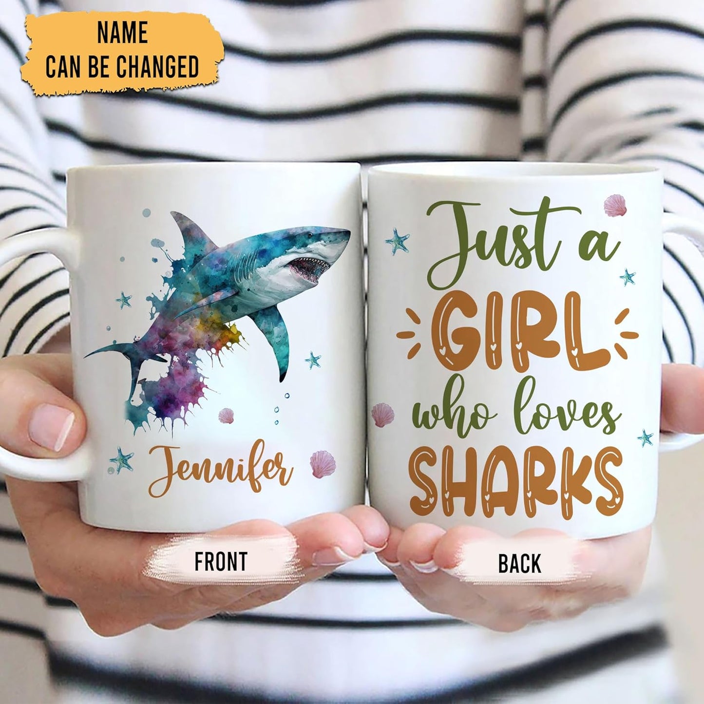 Hyturtle Personalized Gifts Shark Lover - Just A Girl Who Loves Sharks Custom Name Ceramic Coffee Mug Cup 11oz - Idea Cute Sea Animal Lover Gifts For Women, Girl Daughter On Birthday, Christmas