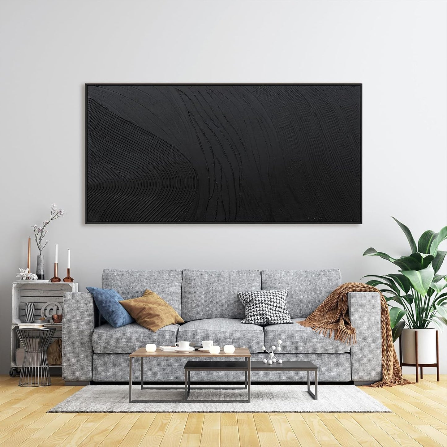 Large Modern Wall Art for Living Room Abstract Canvas Wall Art Decor Framed Large Black Wall Art Canvas Art Wall Decor Hand Painted Black Texture Artwork for Walls Bedroom Office Wall Decor 29"x58"