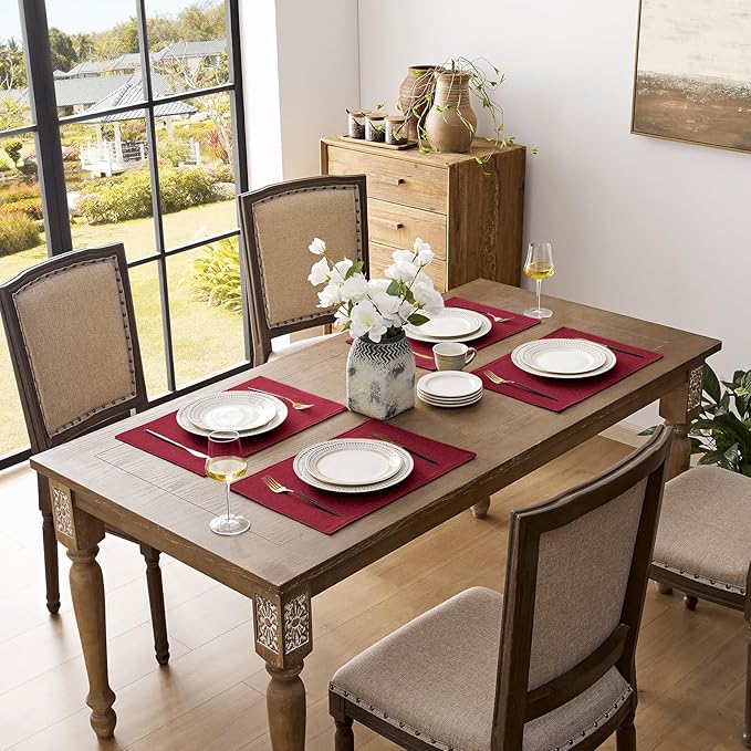 Romanstile Cloth Placemats Set of 4-12 x 18 Inch, Heat Resistant Double Layered Thickened Burlap Christmas Place Mats, Washable Faux Linen Farmhouse Table Mats for Kitchen/Dining/Party/Outdoor, Red