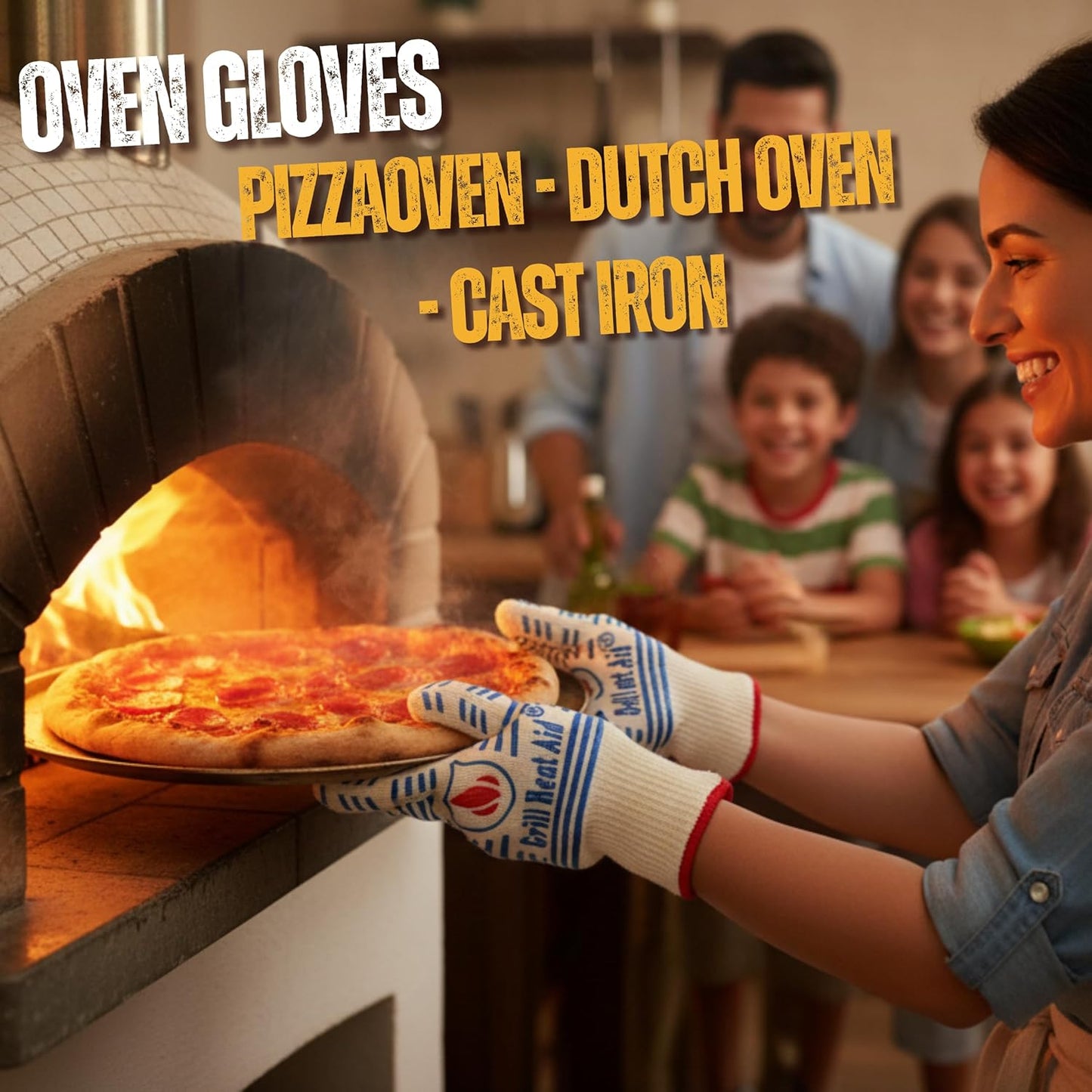 GRILL HEAT AID BBQ Grill Gloves 1472°F - Extreme Heat Resistant Oven Mitts for Grilling, Smoker & Fire Pit with Silicone Grip & EN407 Cut Resistance - Short Cuff, White & Blue