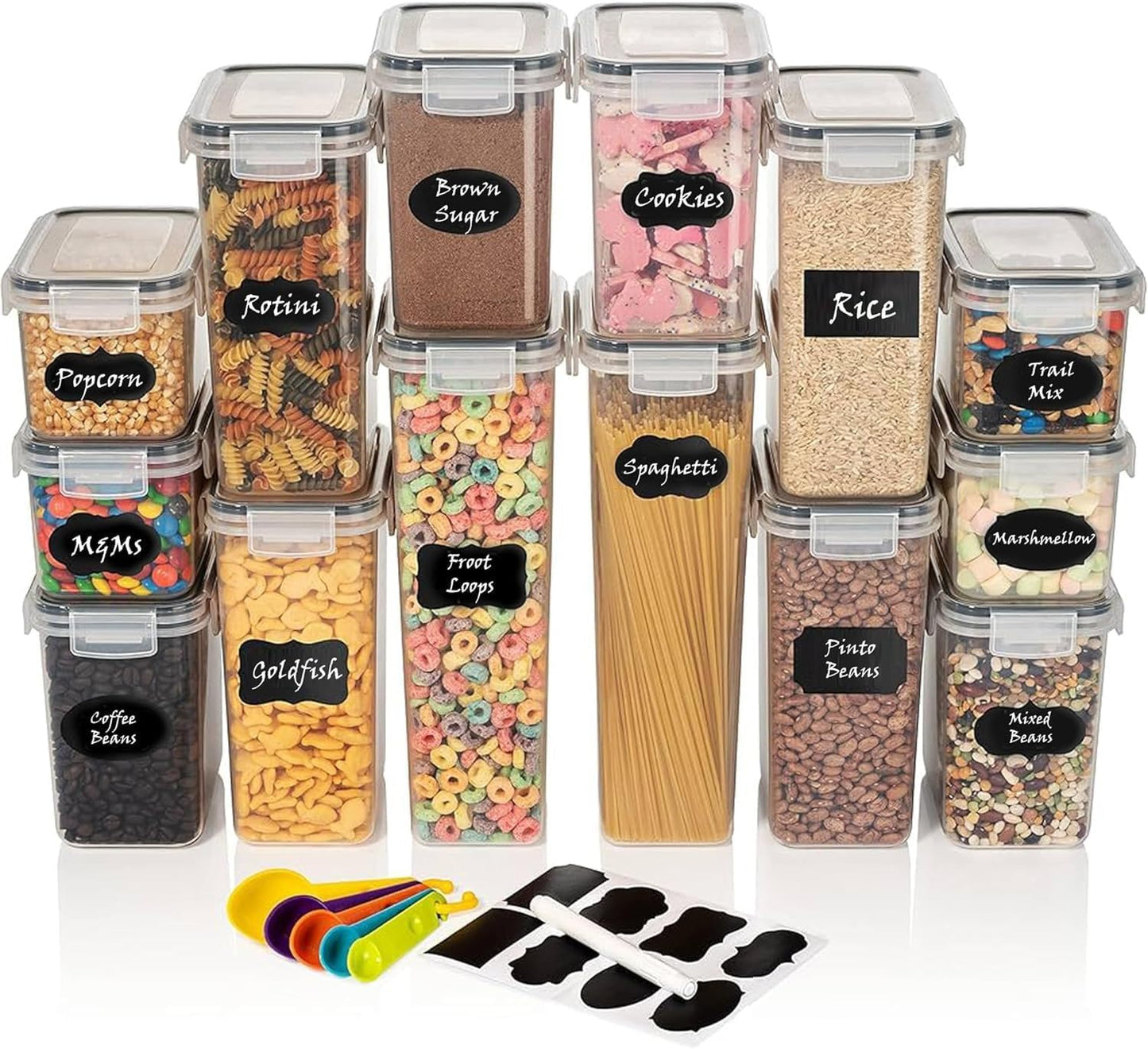 Airtight Food Storage Containers Set, Clear Plastic Kitchen Organizers with Labels, Large Capacity for Pasta, Flour, Cereal, Snacks (6)