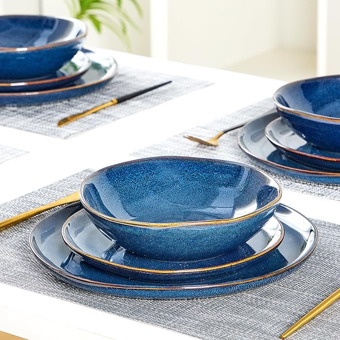 Bestone 12 Pieces Round Kitchen Dinnerware Sets，Plates and Bowls Sets,Dishes, Plates, Bowls, Dish Set, Chip Resistant Ceramic Dinnerware Set, Dishwasher/Microwave Safe,Service for 4,Cobalt Blue