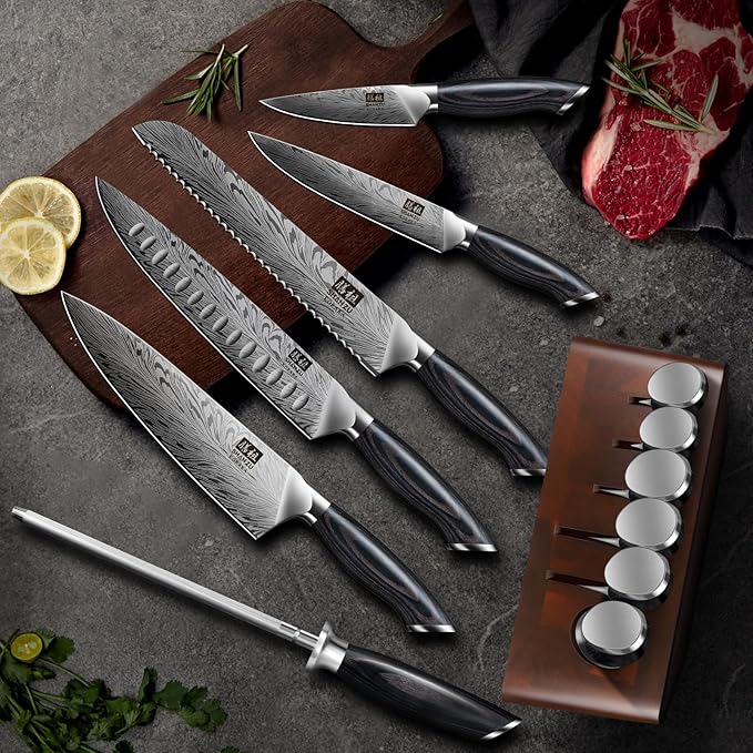 SHAN ZU Kitchen Knife Set with Double Sided Magnetic Knife Block, 7PCS Knives Block Sets in Powder Steel Ultra Sharp Japanese Knife Sets with Sharpening Steel Chef Knives Set with Pakkawood Handle